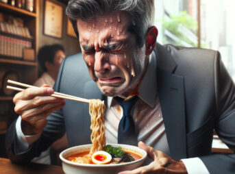 拉麺界でも伝説に挑む男達:地獄の担々麺は予想以上に地獄だった 5 辛くて辛いラーメンを食べるサラリーマンの中年男性