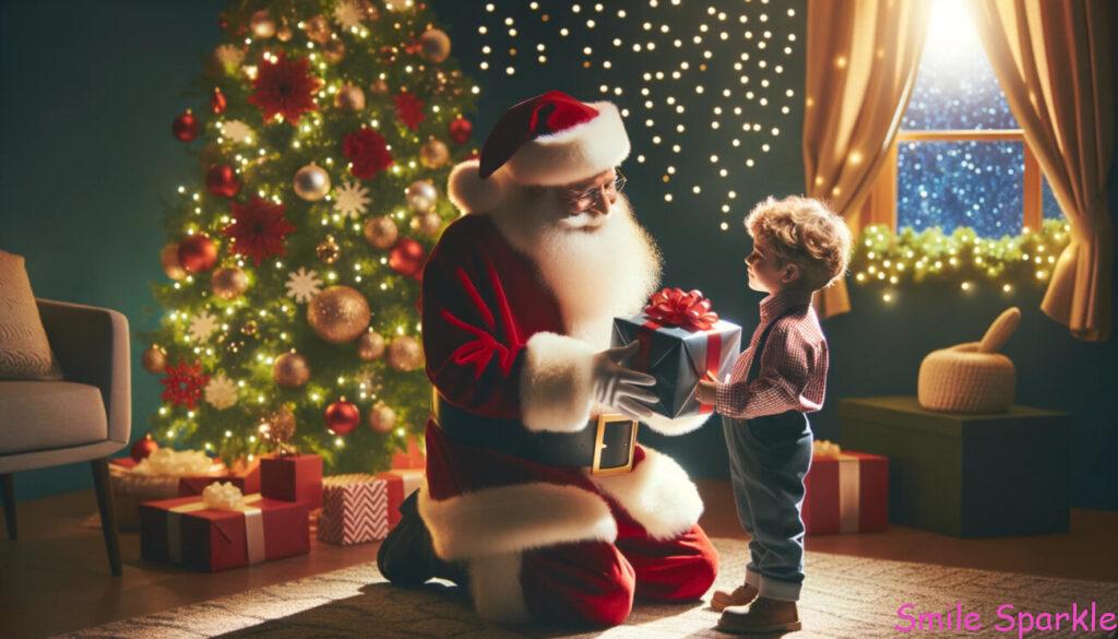 真冬のクリスマスを温める素敵なエガちゃんねるの企画「エガサンタがやってきた」 3 サンタさんと少年のイラスト