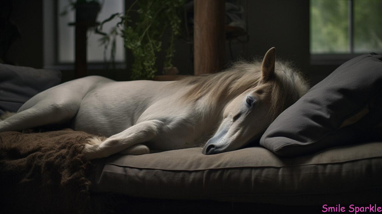 枕で寝ている芦毛の馬