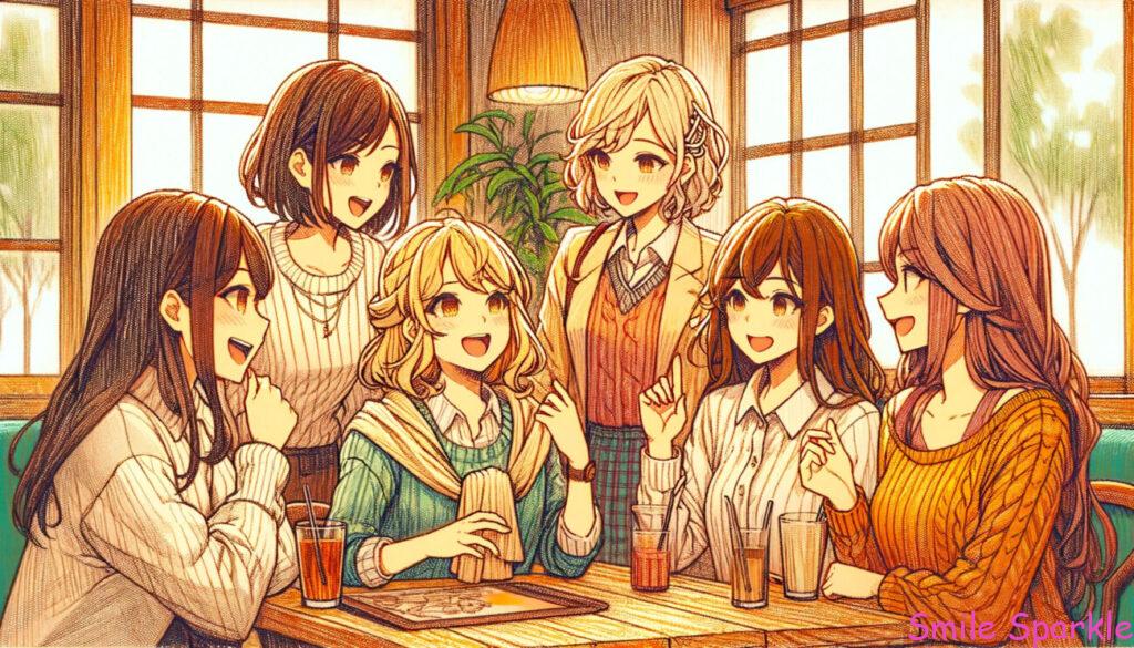 16:9のアスペクト比で描かれた、アニメスタイルのイラスト。5人の大人の女性が喫茶店で楽しく会話している様子が描かれている。各キャラクターは独自の外見とポーズを持ち、生き生きとしたグループの相互作用に没頭している。背景には喫茶店の設定があり、木のようなクレヨンで描かれたテクスチャが全体に施されている。このテクスチャは、イラストに自然で手描きの美学を加え、友人たちが一緒に過ごす時間の楽しさと親しみやすさを表現している。