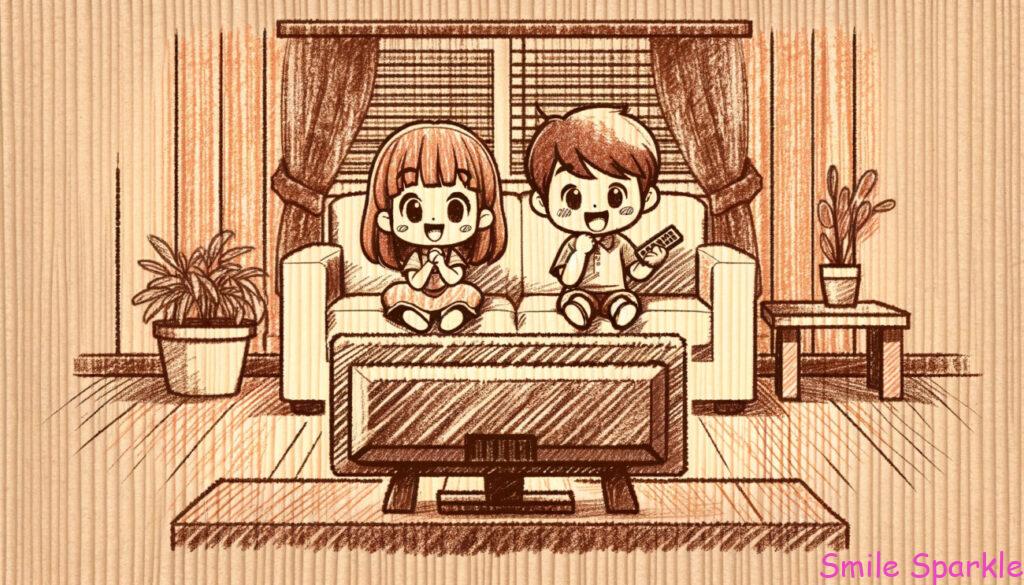 「16:9のアスペクト比で描かれた、アニメスタイルのイラスト。小さな女の子と男の子がソファーに座ってテレビを見て楽しんでいる様子が描かれている。子供たちは幸せで興奮した表情をしており、アニメーションのような表現でショーに夢中になっている。リビングルームの設定には快適なソファとテレビセットがあり、木のようなクレヨンで描かれたテクスチャがシーンに暖かさを加えている。全体の構成は、子供たちがお気に入りのテレビ番組を見ながら楽しんでいる、楽しくリラックスした雰囲気を捉えている。」