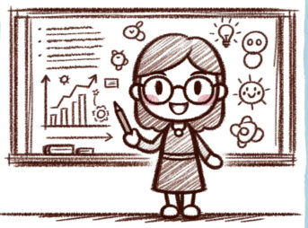 メガネをかけた女性がホワイトボードで教えている
