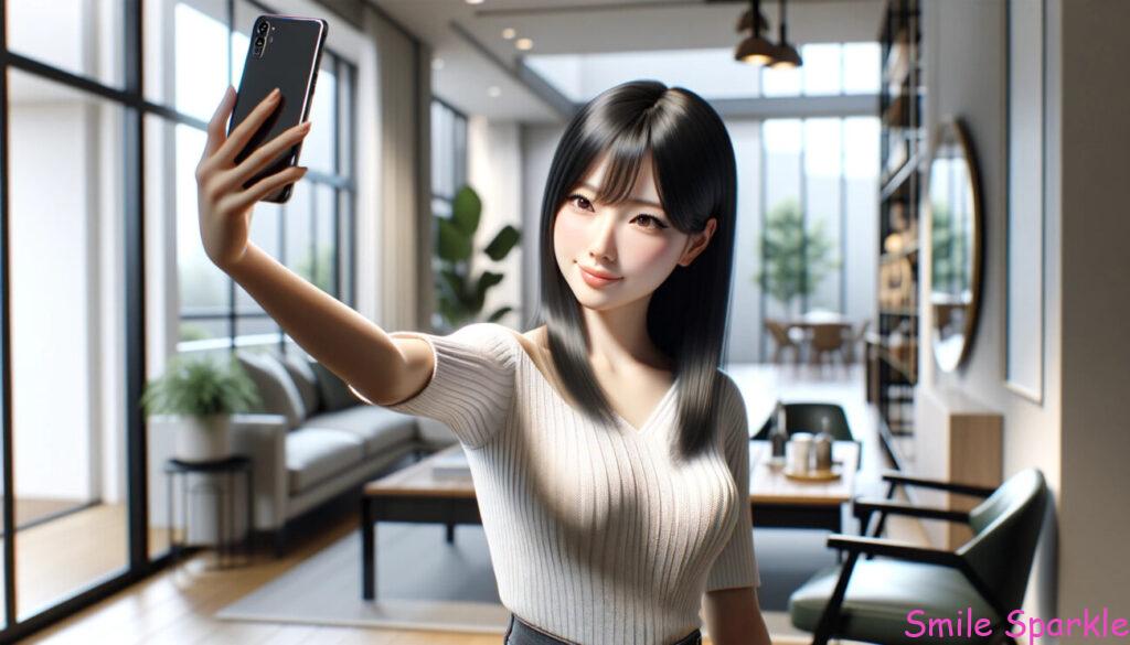 女性がスマホで自撮りしている