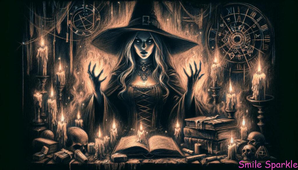 古い御伽話のようなリアル調のクレヨンスタイルで描かれた黒魔術のイメージイラストです。禍々しくも権威のある魔女が描かれており、彼女の周りには神秘的なシンボル、古代の書物、ちらちらと燃えるキャンドルがあり、不吉な雰囲気を醸し出しています。魔女は呪文を唱えているかのように手を挙げ、目からは暗いエネルギーが輝いています。背景は暗く陰鬱で、影と不気味な光に満ちており、古代の暗い魔法の感覚を強調しています