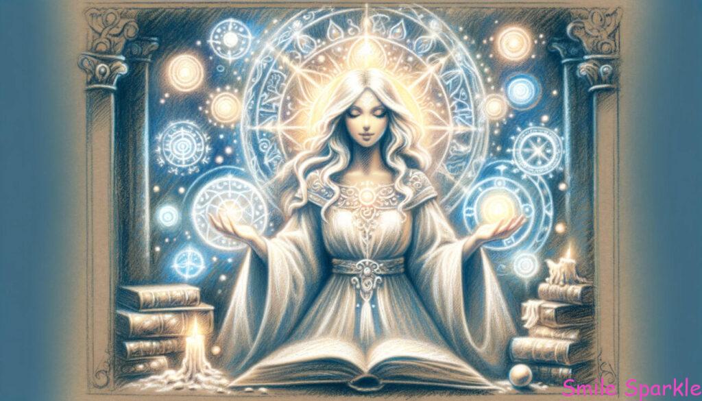 古い御伽話のようなリアル調のクレヨンスタイルで描かれた白魔術のイメージイラストです。描かれているのは慈悲深く威厳のある魔法使いまたは魔女で、純粋さと知恵を放っています。彼女の周りには光の魔法のシンボル、古代の書物、光るオーブがあり、神秘と善意の雰囲気を作り出しています。魔法使いまたは魔女は癒しや保護の呪文を行っており、手を広げて優しく知的な微笑みを浮かべています。背景は明るく穏やかで、柔らかな光と幻想的な要素に満ちており、古代の善良な魔法の感覚を強調しています