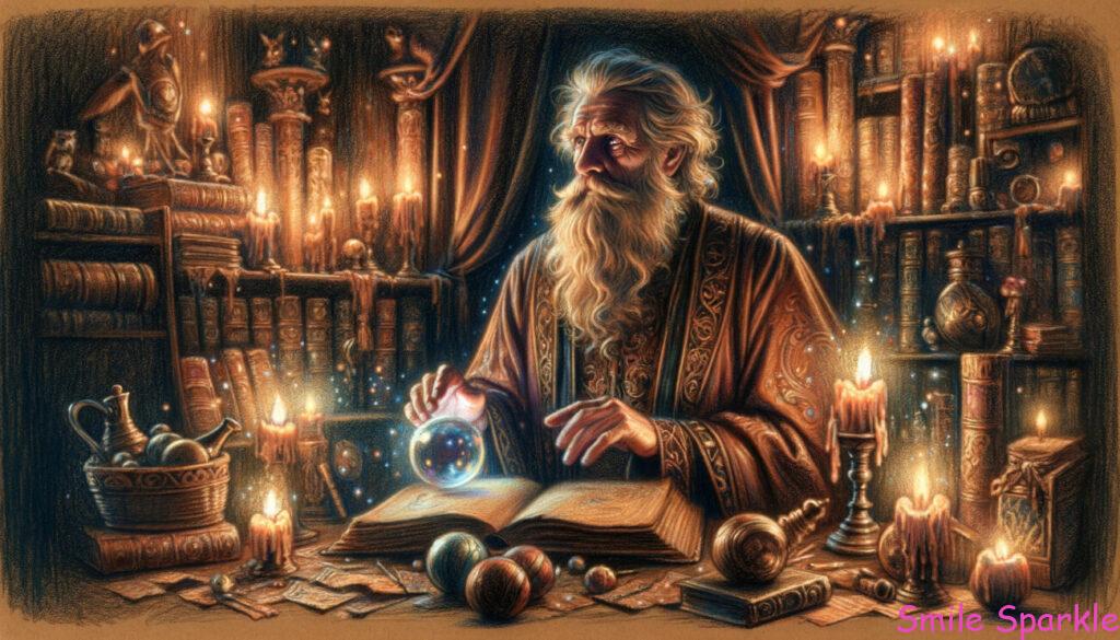 古い御伽話のようなリアル調のクレヨンスタイルで描かれた老人の魔法使いのイメージイラストです。このシーンは知恵と永遠性を感じさせ、長い髭を持つ老魔法使いが伝統的な魔法の衣装を身にまとって描かれています。彼の周りには古代の書物、魔法のアーティファクト、柔らかく光る灯りがあり、長年の魔法の研究と実践を示唆しています。魔法使いは呪文を唱えたり、水晶球をじっと見つめて深い集中と知識を表しています