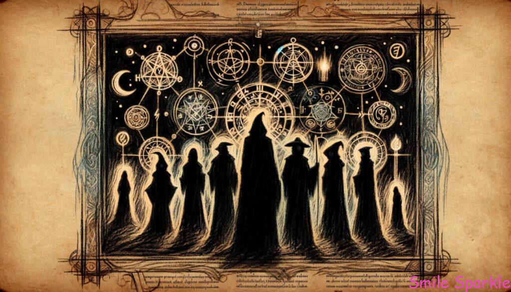 エガー・ポッターの世界、畳と刑務所の中のハゲワーツの魔法の世界! 8 古い御伽話のようなリアル調のクレヨンスタイルで描かれた神話のイメージイラストです。このイラストでは、魔法使いたちの黒いシルエットが特徴で、神秘性と古代の魔法を感じさせます。これらの人物は神秘的なシンボル、秘教的なテキスト、かすかな輝きに囲まれており、彼らの魔法の能力をほのめかしています。背景は古びた古本で、ページは古く見え、テキストは古く賢いものとして描かれています
