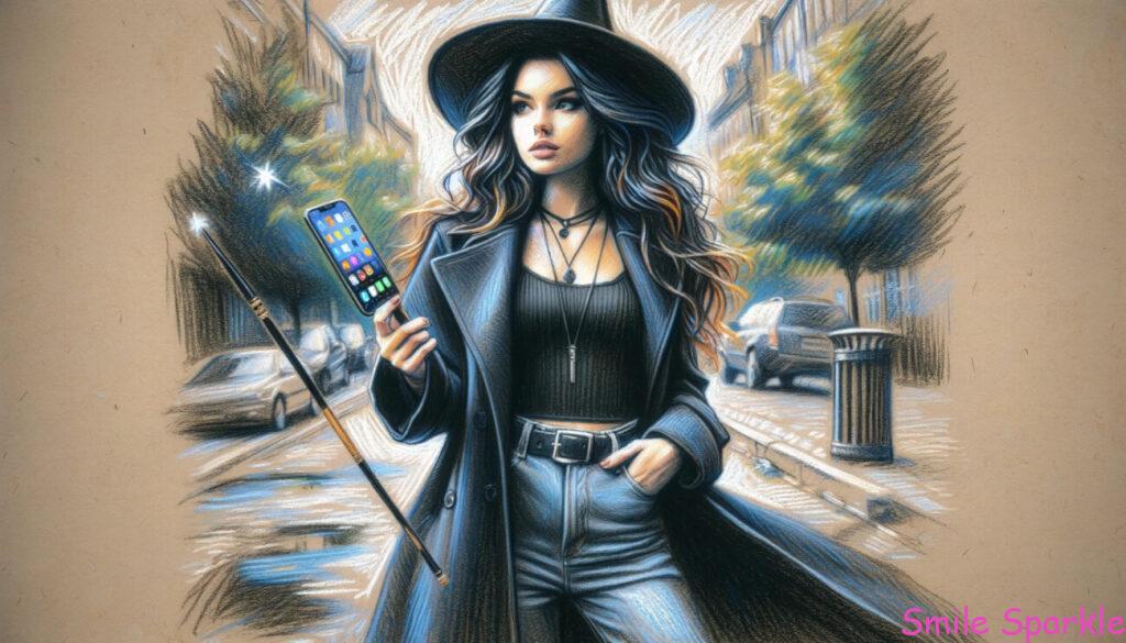 現代の魔法使いを描いたリアル調のクレヨンスタイルのイラストです。描かれているのは、現代風の私服を着た少女で、神秘との繋がりを象徴する黒いコートを着用しています。彼女は現代的でスタイリッシュな杖を持っているか、魔法のアプリが入ったスマートフォンを持っており、伝統的な魔法と現代技術を融合させています。背景は都市の設定で、おそらくは街の通りや公園で、彼女は目立ちながらも自然に溶け込んでおり、魔法と現代生活の共存を示唆しています