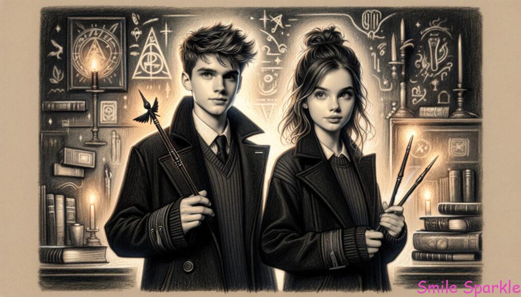 現代の魔法使いの少年少女を描いたリアル調のクレヨンスタイルのイラストです。彼らは現代風の私服に黒いコートを羽織っており、魔法学校に通っているような雰囲気を持っています。少年と少女は、スタイリッシュな杖や魔法がかけられたスマートフォンなど、伝統的な魔法と現代技術が融合したアイテムを持っています。背景は魔法学校の設定を暗示しており、神秘的なシンボル、古代の書籍、現代のガジェットなどが散りばめられています
