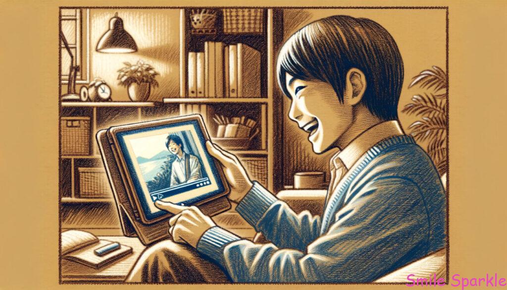 タブレットで動画を見て笑っている日本人の姿を描いたリアル調のクレヨンスタイルのイラストです。その人物はソファやデスクに座って快適な環境で描かれており、画面のコンテンツに夢中になりながら楽しい表情を浮かべています。タブレットははっきりと描かれており、画面にはぼやけたビデオが映っており、コンテンツよりも人物の反応が強調されています。背景は居心地の良い雰囲気で、本棚やランプ、外の景色が見える窓などが含まれています。