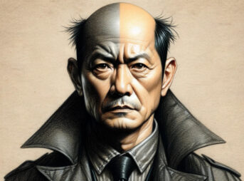 エガー・ポッターの世界、畳と刑務所の中のハゲワーツの魔法の世界! 23 後頭部付近まで薄くなった中年の日本人男性の魔法使いを描いたリアル調のクレヨンスタイルのイラストです。彼は現代風の私服に黒いコートを着用し、彼の魔法使いとしてのアイデンティティを控えめに示しています。彼の表情は真剣で強烈で、眉間に深いしわが寄っており、強さと決意のキャラクターを反映しています。背景には日常の現代的な要素と魔法のヒントが融合しており、現代の魔法使いとしての彼の二重生活を示しています