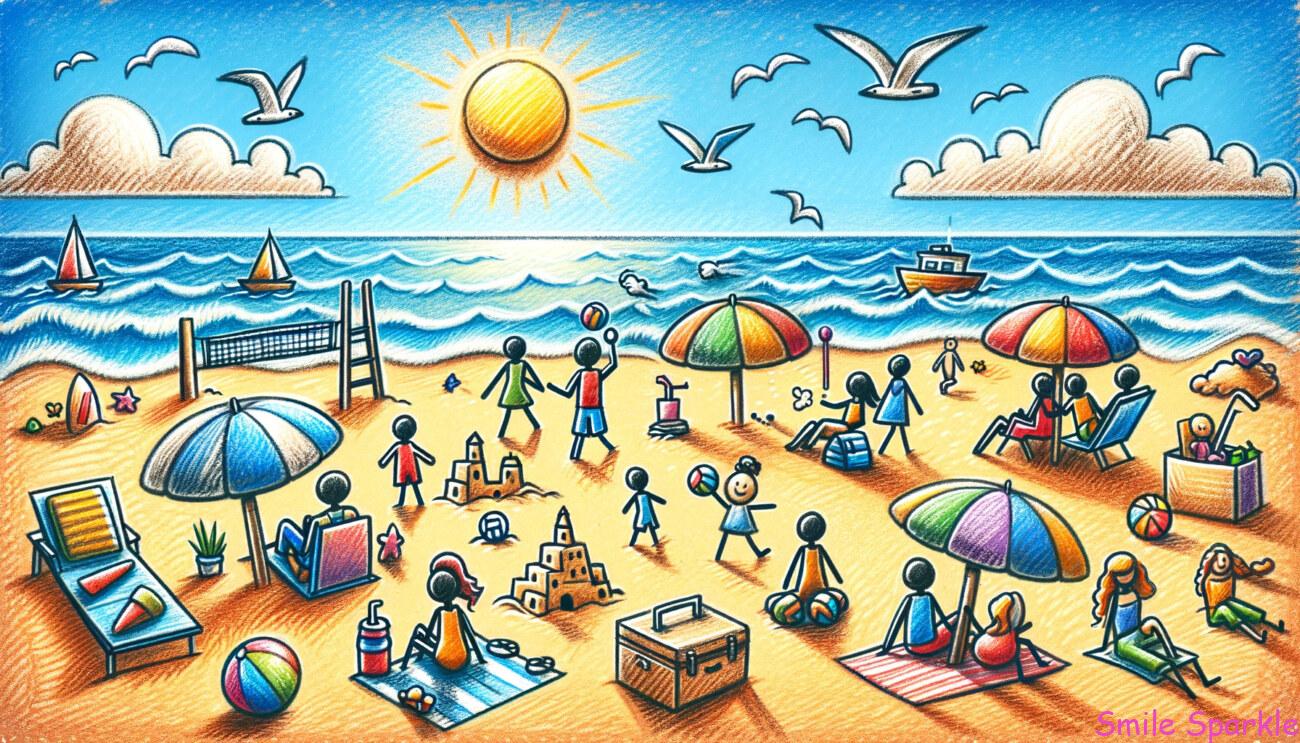それぞれが、綺麗な砂浜でバカンスを楽しんでいる様子を描いています。シーンには、傘の下でリラックスしている人々、ビーチバレーボールをしている人々、砂の城を建てている人々が含まれています。海は穏やかな波と、上空には透き通った青い空と飛び回る数羽のカモメが描かれています。また、ビーチボール、ピクニックブランケット、クーラーボックスもあり、のんびりとしたバカンスの雰囲気を加えています。キャラクターはリラックスしたり遊んでいるさまざまなポーズで描かれており、のんびりと楽しいビーチバカンスの本質を捉えています