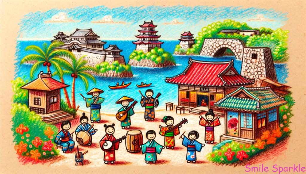 琉球の文化と雰囲気を描いています。シーンには伝統的な琉球建築、例えば沖縄の家々の赤い瓦屋根や石の壁が含まれています。キャラクターはカラフルな琉球の着物を着ており、伝統的な踊りを披露したり、三線（沖縄の伝統的な楽器）を演奏しています。背景には琉球諸島に特有の美しい海と澄んだ青い水が描かれています