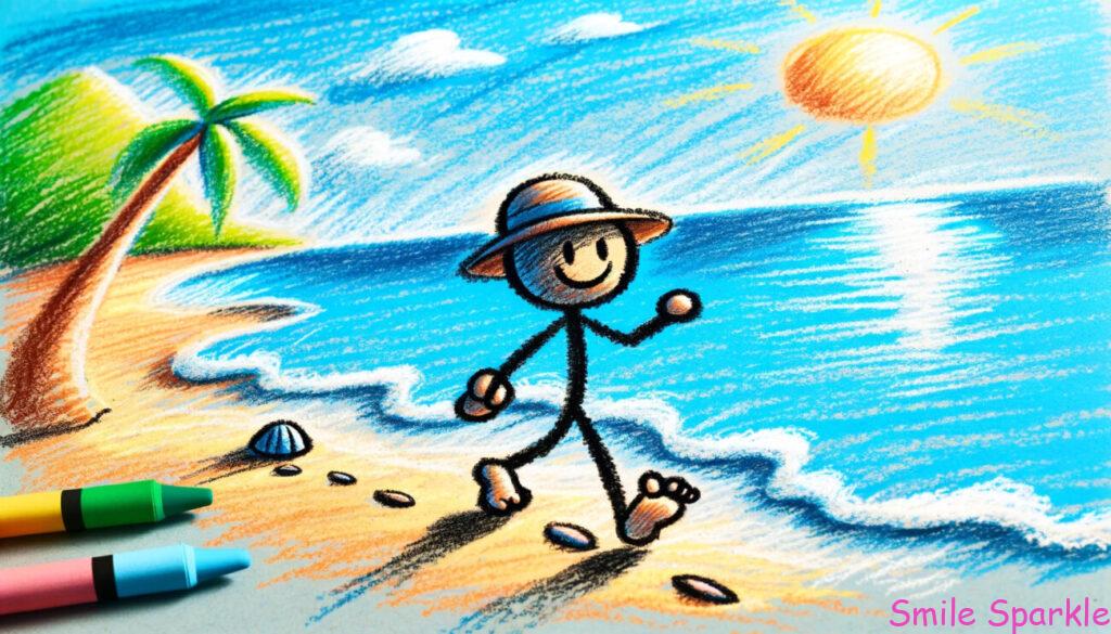 れぞれが、綺麗な砂浜を散策している人を描いています。キャラクターは裸足で歩いており、柔らかい砂に足が優しく触れています。ビーチは透明な青い水、穏やかな波が岸辺をなでるように描かれ、上空には明るい青い空が広がっています。キャラクターはリラックスして幸せそうで、日よけ帽子や小さなバッグを持っているかもしれません
