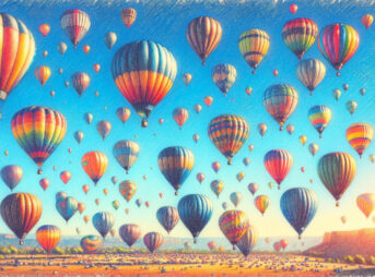 江頭、故郷で大空に笑顔を向ける 20 澄み切った青空を背景にした気球の大会のイラストです。クレヨンスタイルで描かれているものの、綺麗で芸術的なタッチが加えられており、画面いっぱいに色とりどりの気球が描かれています