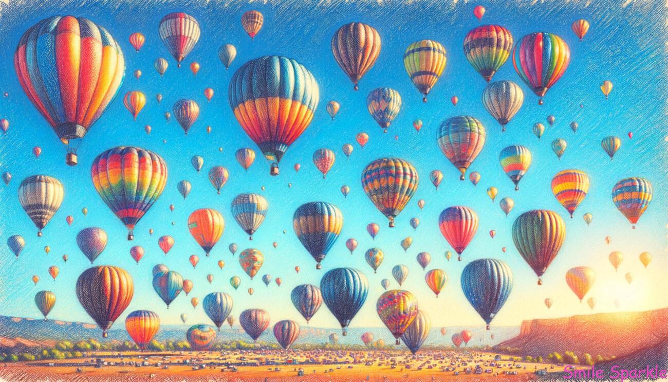 澄み切った青空を背景にした気球の大会のイラストです。クレヨンスタイルで描かれているものの、綺麗で芸術的なタッチが加えられており、画面いっぱいに色とりどりの気球が描かれています