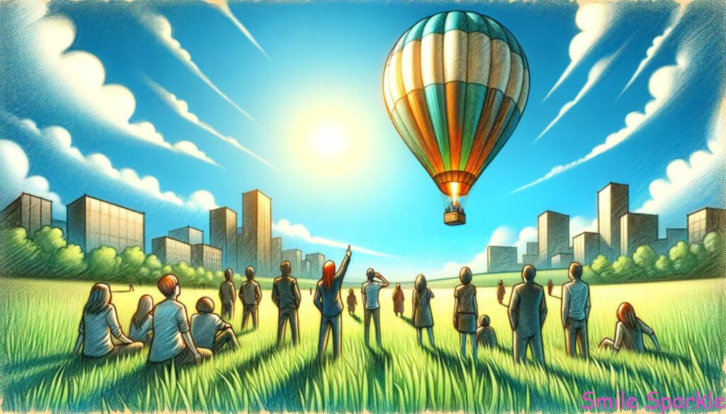 江頭、故郷で大空に笑顔を向ける 9 現代の原っぱで人々が上を見上げている気球を眺めているシーンを描いたクレヨンスタイルのイラストです。低角度の視点から、澄んだ青空に向かって昇る気球を見つめる人々の驚きと喜びが表現されています。