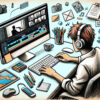 パソコンを使って動画編集をしている人物を描いたクレヨンスタイルのイラストです。ビデオ編集ソフトウェアと様々なクリップが表示されたコンピュータースクリーンと、クリエイティブな作業スペースに囲まれた人物の集中と創造性が捉えられています。