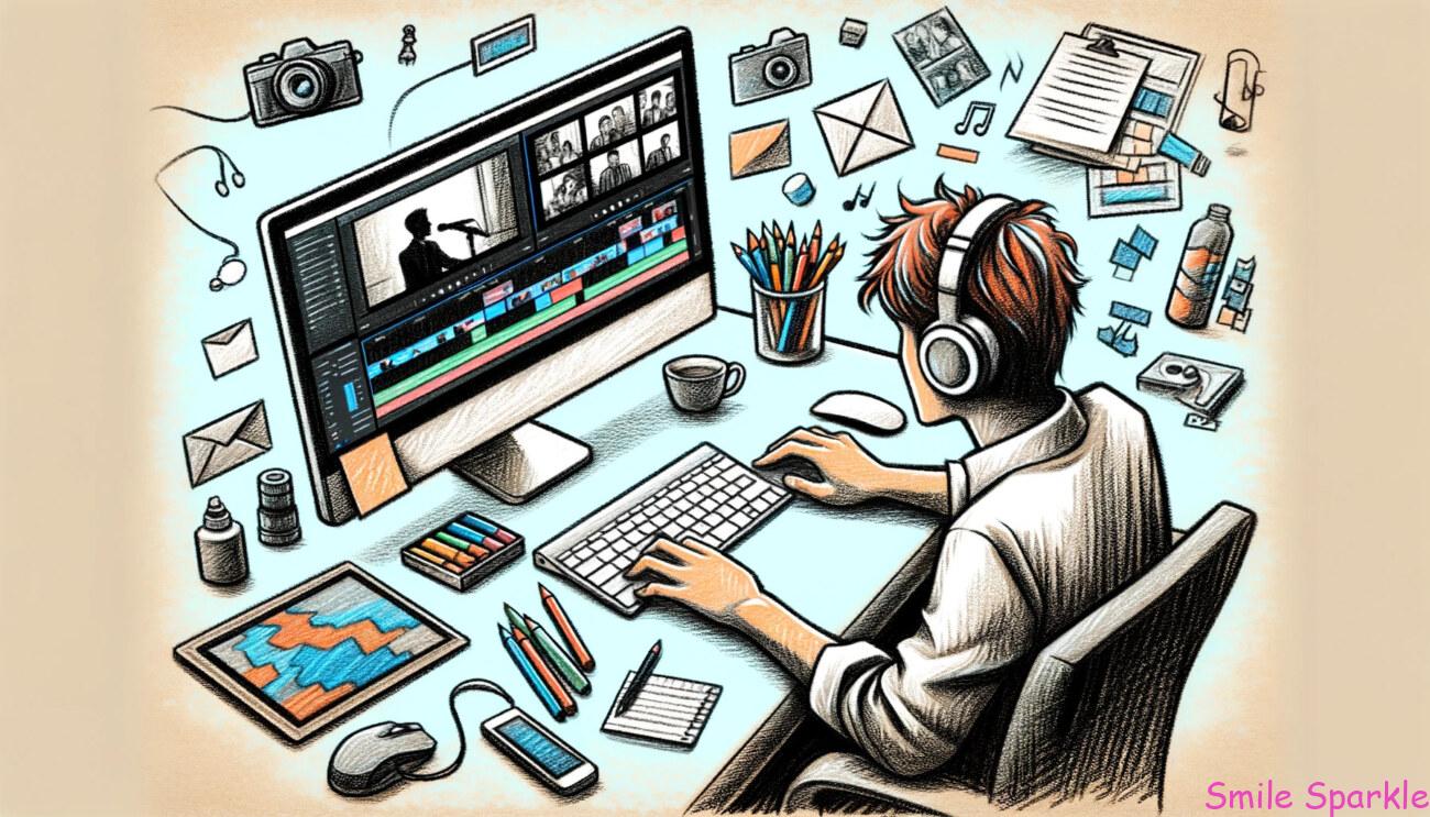 パソコンを使って動画編集をしている人物を描いたクレヨンスタイルのイラストです。ビデオ編集ソフトウェアと様々なクリップが表示されたコンピュータースクリーンと、クリエイティブな作業スペースに囲まれた人物の集中と創造性が捉えられています。