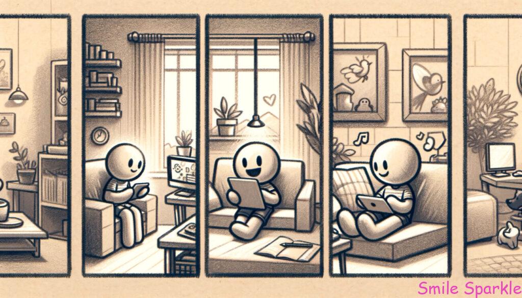 トリプティックの最初の部分では、棒人間キャラクターがリラックスした環境でタブレットを楽しんでいる様子が描かれている。キャラクターはくつろいだ雰囲気の中、幸せそうにデバイスを使用している。