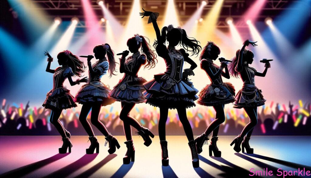 日本のアイドルグループのパフォーマンスを表現した写真のようなイラスト。6人のアイドルは顔が見えない黒いシルエットで、色とりどりの衣装を着てステージ上で躍動しています。