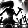 ステージ上で活躍する女性アイドルの姿を、顔がわからない黒いシルエットで表現したリアルなイラスト。舞台のダイナミックな環境が光と影で描かれています。