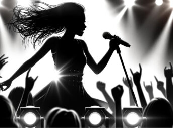 辻ちゃんVSエガちゃん! 5 ステージ上で活躍する女性アイドルの姿を、顔がわからない黒いシルエットで表現したリアルなイラスト。舞台のダイナミックな環境が光と影で描かれています。