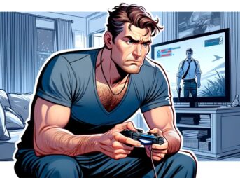 中年男性が不慣れなゲームをプレイ