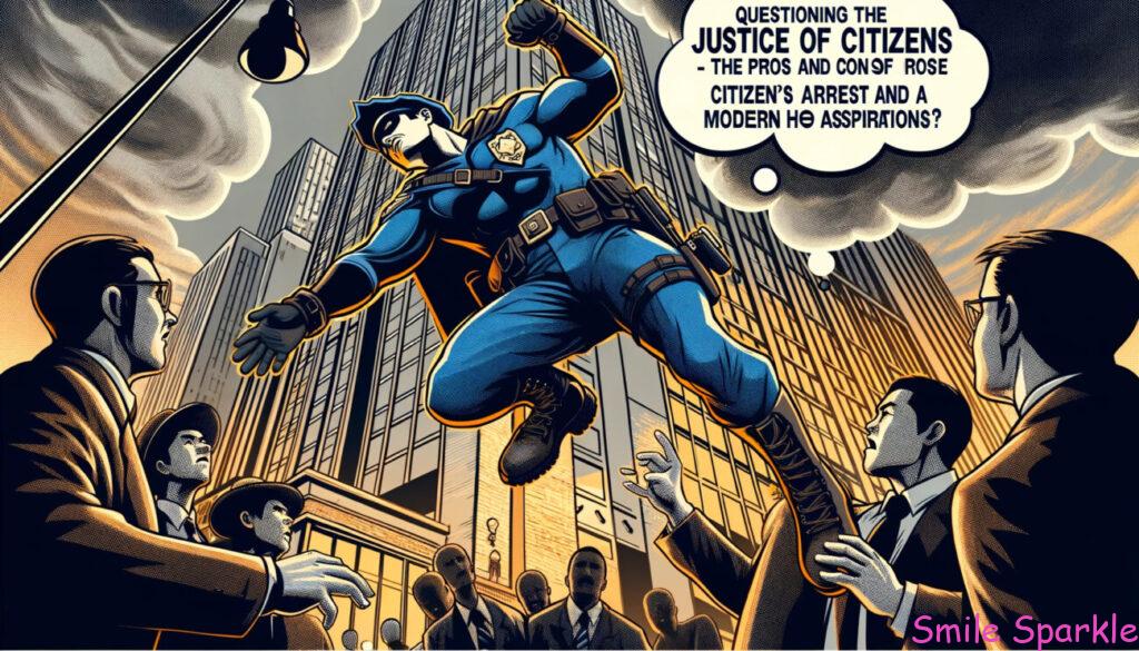 漫画スタイルの「市民の正義を問う - 私人逮捕の是非と現代のヒーロー願望」をテーマにしたイラストがこちらです。このシーンでは、市民がヒーロー的に私人逮捕を試みる様子が描かれています。このキャラクターは、そのような行動の道徳的なジレンマや責任と格闘している様子が、考えの泡やドラマチックな表現を通じて示されています。背景は現代の都市環境を暗示しており、場面を目撃する周囲の人々も描かれています