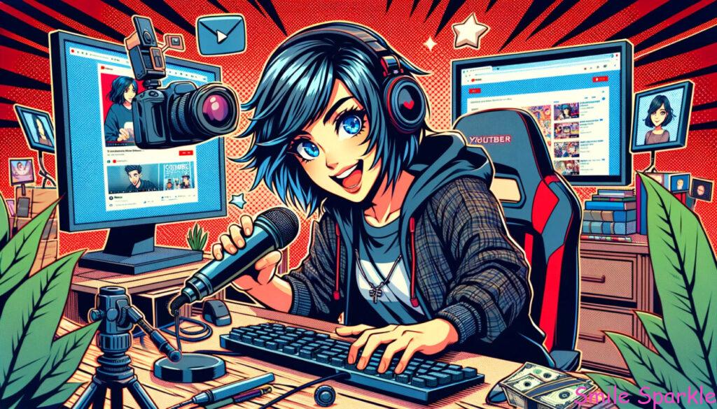 データで紡ぐ現代のヒーロー譚:サトマイチャンネルによる私人逮捕系YouTuber分析 3 漫画スタイルのYouTuberキャラクターのイラストがこちらです。このシーンでは、人気のYouTuberの活気に満ちたダイナミックな本質が捉えられており、キャラクターはビデオ制作やストリーミングに取り組んでいます。彼らはカメラセットアップの前で、マイクや照明を使っており、コンピューター画面には彼らのチャンネルが表示されている可能性があります。背景には、ゲーム、ブログ、教育など、彼らのコンテンツジャンルを反映する要素が含まれているかもしれません