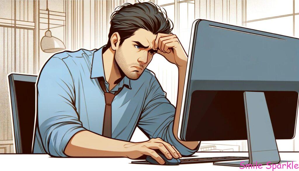 サトマイの視点: 宝くじと人生の幸福を統計学で読み解く 7 パソコンで悩んでいる男性